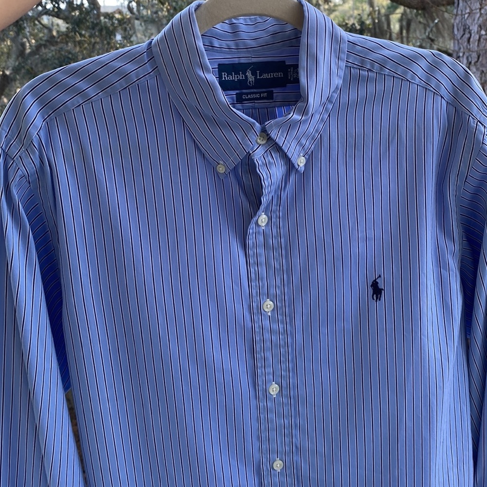 Ralph Lauren Classic Men’s Button Down Shirt 16 1/2 Blue Striped Long Sleeve